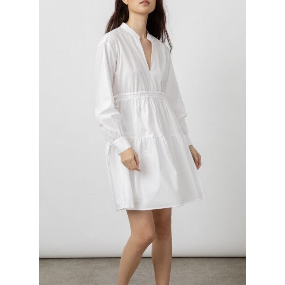 Rails Ivy Tiered Shirt Dress White Drawstring Waist Split Neck Cotton Lined | XS